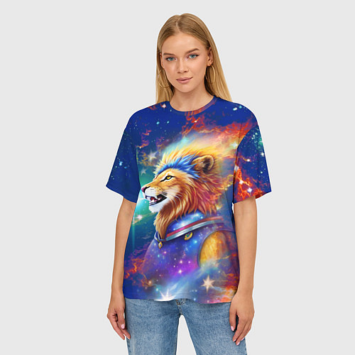 Женская футболка оверсайз Космический лев - неоновое свечение / 3D-принт – фото 3