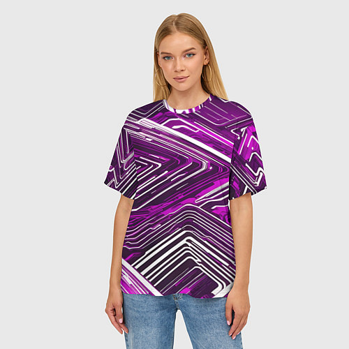 Женская футболка оверсайз Кибер линии Розоовый-белый / 3D-принт – фото 3