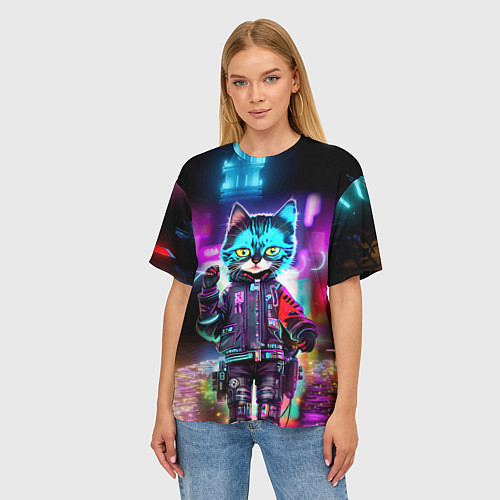 Женская футболка оверсайз Cool kitten - cyberpunk - neon glow / 3D-принт – фото 3