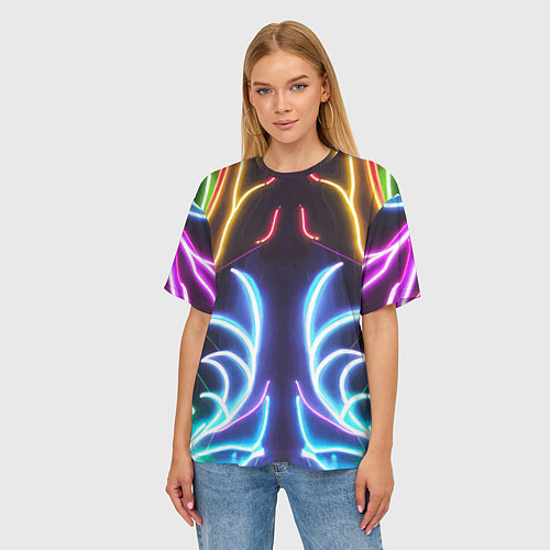 Женская футболка оверсайз Зеркальный неоновый паттерн - нейросеть / 3D-принт – фото 3