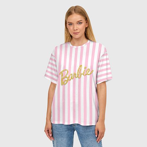 Женская футболка оверсайз Barbie - золотая надпись и бело-розовые полосы / 3D-принт – фото 3