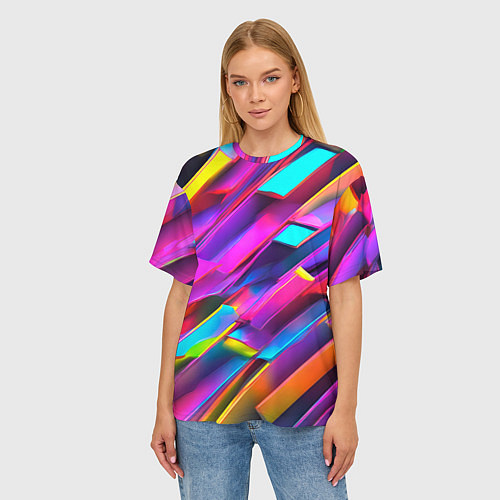 Женская футболка оверсайз Неоновые разноцветные пластины / 3D-принт – фото 3