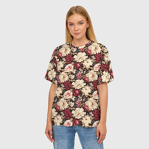 Женская футболка оверсайз Винтажные цветы паттерн / 3D-принт – фото 3
