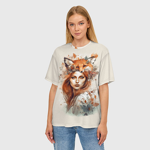 Женская футболка оверсайз Осенний портрет девушка-лиса / 3D-принт – фото 3
