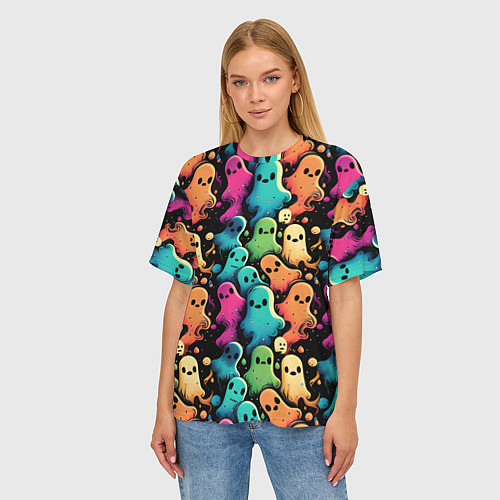 Женская футболка оверсайз Паттерн с разноцветными приведениями / 3D-принт – фото 3