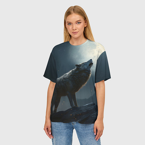 Женская футболка оверсайз Волк воющий на Луну / 3D-принт – фото 3