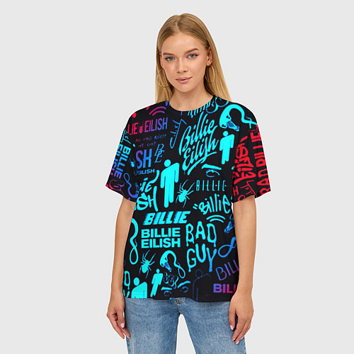 Женская футболка оверсайз Billie Eilish neon pattern / 3D-принт – фото 3