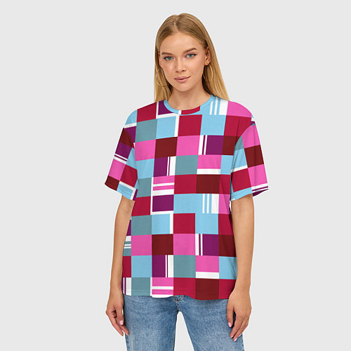 Женская футболка оверсайз Ретро квадраты вишнёвые / 3D-принт – фото 3
