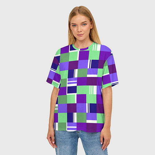 Женская футболка оверсайз Ретро квадраты баклажановые / 3D-принт – фото 3