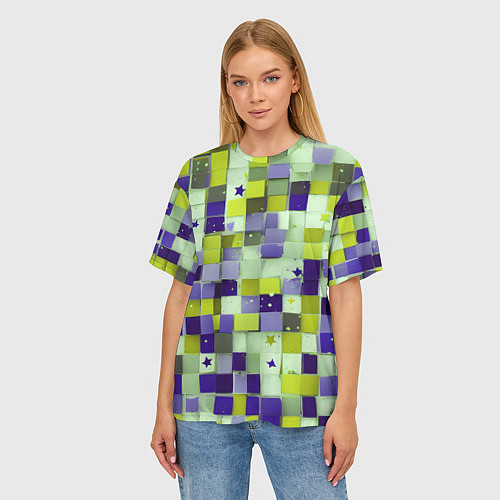 Женская футболка оверсайз Ретро квадраты болотные / 3D-принт – фото 3