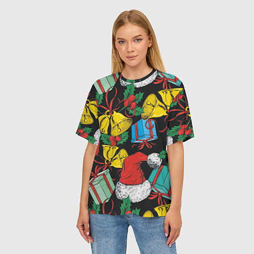 Женская футболка оверсайз Узор с рождественскими колокольчиками / 3D-принт – фото 3