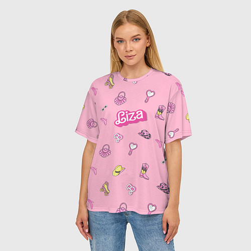 Женская футболка оверсайз Лиза - в стиле барби: аксессуары на розовом паттер / 3D-принт – фото 3