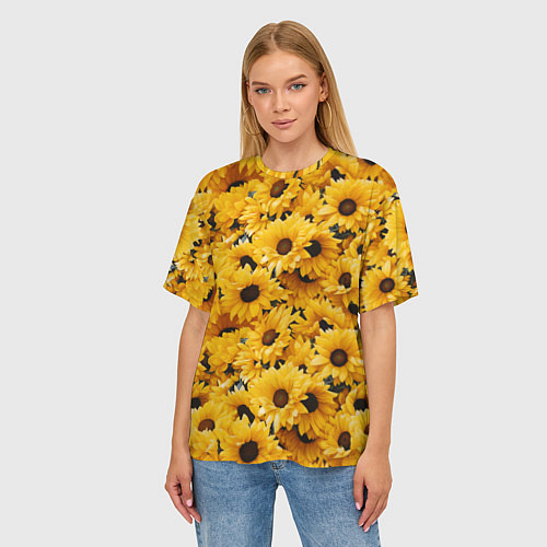 Женская футболка оверсайз Желтые объемные цветы от нейросети / 3D-принт – фото 3