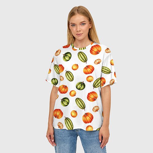Женская футболка оверсайз Разноцветные тыквы - паттерн / 3D-принт – фото 3