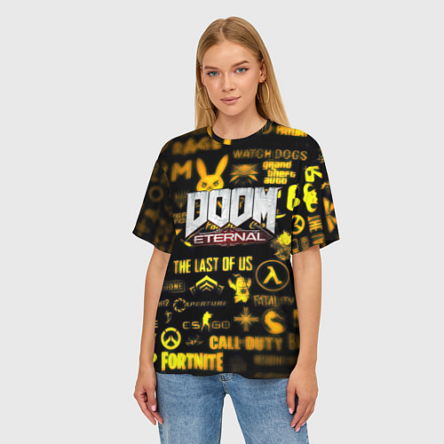 Женская футболка оверсайз Doom золотые логотипы игр / 3D-принт – фото 3