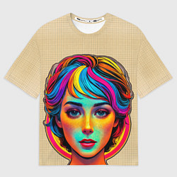 Футболка оверсайз женская Девушка с разноцветными волосами на клетчатом фоне, цвет: 3D-принт