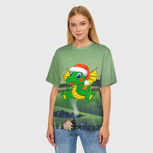 Женская футболка оверсайз Зеленый дракончик 2024 / 3D-принт – фото 3