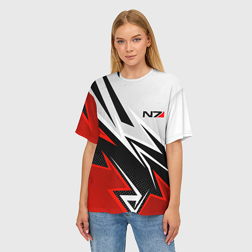 Женская футболка оверсайз N7 mass effect - white and red / 3D-принт – фото 3