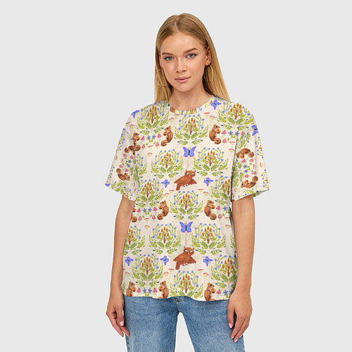 Женская футболка оверсайз Сказочный лес бурундук и сова в деревьях / 3D-принт – фото 3