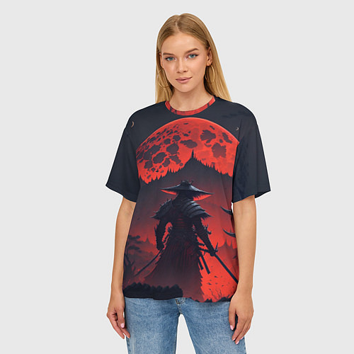 Женская футболка оверсайз Samurai and red moon - нейросеть / 3D-принт – фото 3