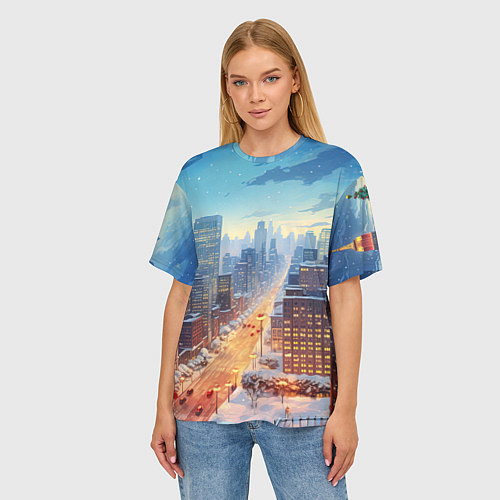 Женская футболка оверсайз Новогодний снежный город / 3D-принт – фото 3