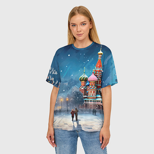 Женская футболка оверсайз Новогодняя Москва / 3D-принт – фото 3