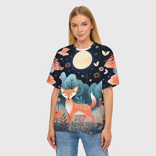 Женская футболка оверсайз Лисичка в осеннем лесу фолк-арт / 3D-принт – фото 3