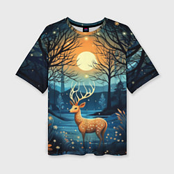 Женская футболка оверсайз Олень в ночном лесу фолк-арт
