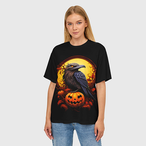 Женская футболка оверсайз Halloween - ворон и тыква / 3D-принт – фото 3
