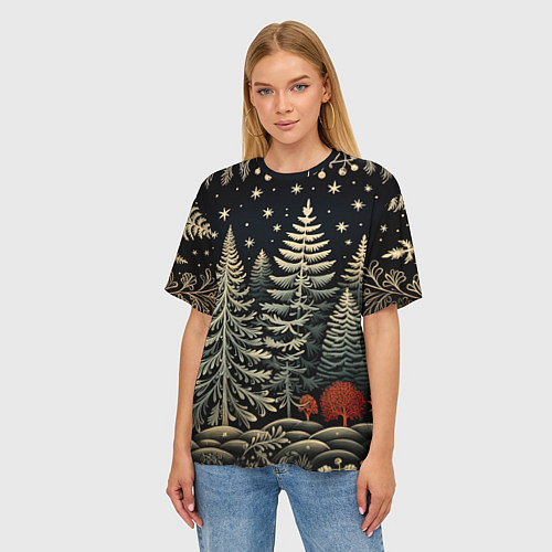 Женская футболка оверсайз Новогоднее настроение лес / 3D-принт – фото 3