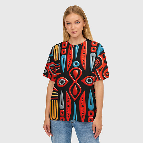 Женская футболка оверсайз Красно-синий узор в африканском стиле / 3D-принт – фото 3