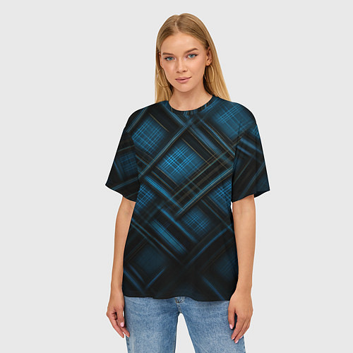 Женская футболка оверсайз Тёмно-синяя шотландская клетка / 3D-принт – фото 3