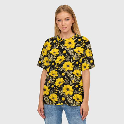Женская футболка оверсайз Желтые цветы на черном фоне паттерн / 3D-принт – фото 3