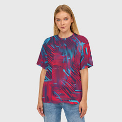 Футболка оверсайз женская Киберпанк линии синие и красные, цвет: 3D-принт — фото 2