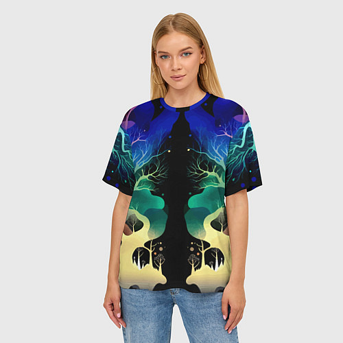 Женская футболка оверсайз Звёздная ночь в сказочном лесу / 3D-принт – фото 3
