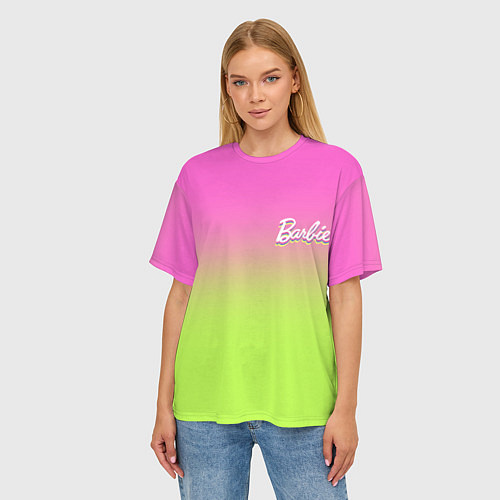Женская футболка оверсайз Барби: градиент розовый и ярко-зеленый / 3D-принт – фото 3