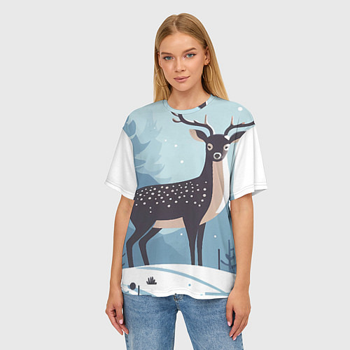 Женская футболка оверсайз Зимняя сказка олень в лесу / 3D-принт – фото 3