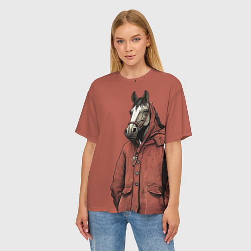 Женская футболка оверсайз Конь в красном пальто / 3D-принт – фото 3