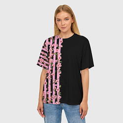 Футболка оверсайз женская Сакура и полосы, цвет: 3D-принт — фото 2