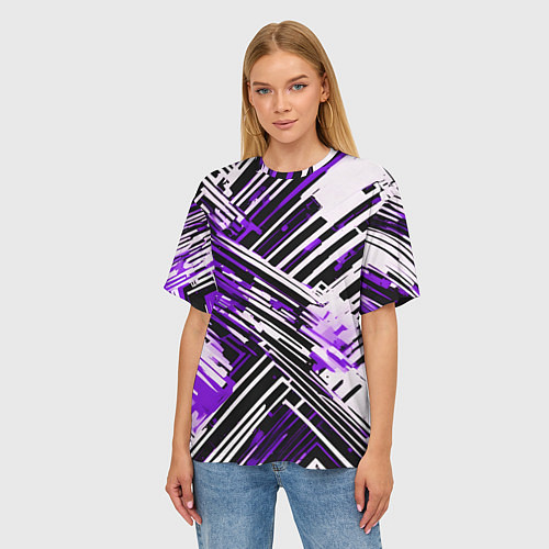 Женская футболка оверсайз Киберпанк линии белые и фиолетовые / 3D-принт – фото 3