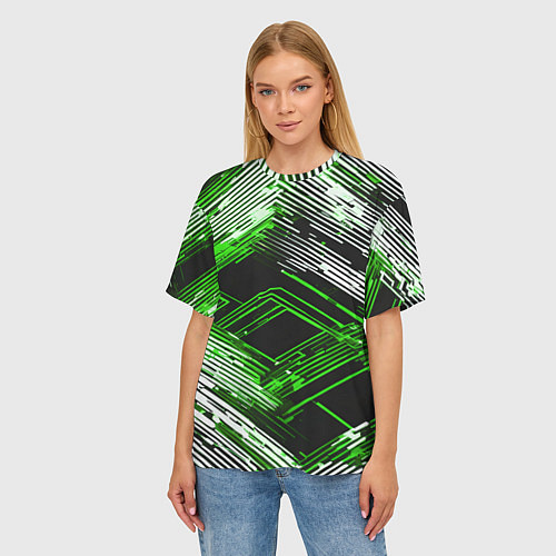 Женская футболка оверсайз Киберпанк линии белые и зелёные / 3D-принт – фото 3