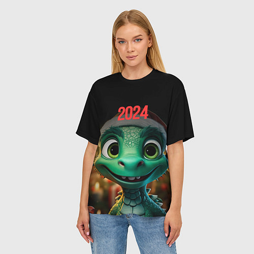 Женская футболка оверсайз Новогодний дракон / 3D-принт – фото 3
