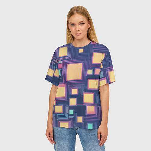 Женская футболка оверсайз Разноцветные ретро квадраты / 3D-принт – фото 3