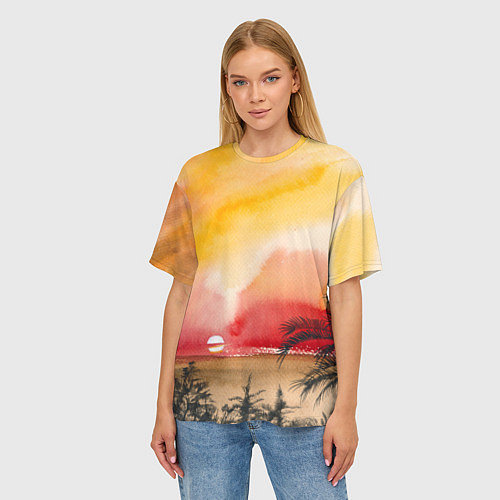 Женская футболка оверсайз Тропический закат акварель / 3D-принт – фото 3