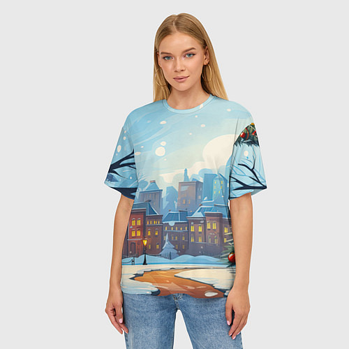 Женская футболка оверсайз Новогодний город / 3D-принт – фото 3