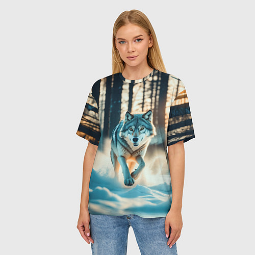 Женская футболка оверсайз Волк в темном лесу / 3D-принт – фото 3