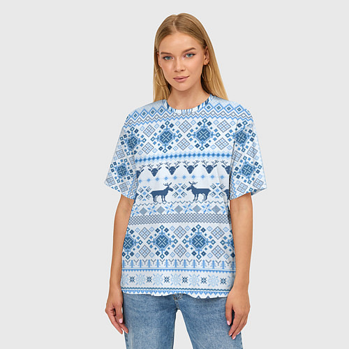 Женская футболка оверсайз Blue sweater with reindeer / 3D-принт – фото 3