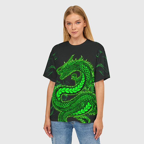 Женская футболка оверсайз Зеленый дракон с эффектом свечения / 3D-принт – фото 3