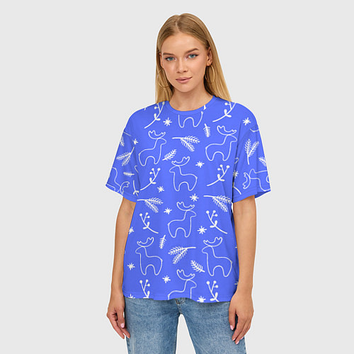 Женская футболка оверсайз Синий рождественский принт с оленями / 3D-принт – фото 3