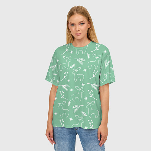 Женская футболка оверсайз Зеленый рождественский узор с оленями / 3D-принт – фото 3